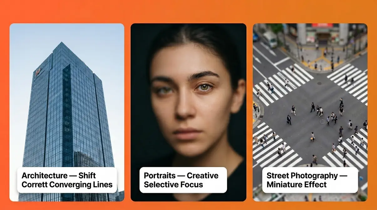 Three tilt-shift photography applications showing architecture perspective correction, portrait selective focus, and street miniature effect
