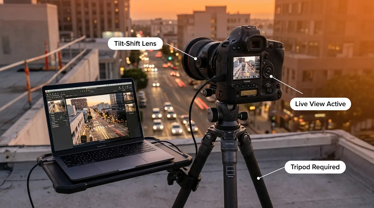 DSLR camera with tilt-shift lens mounted on tripod at elevated position for in-camera miniature photography