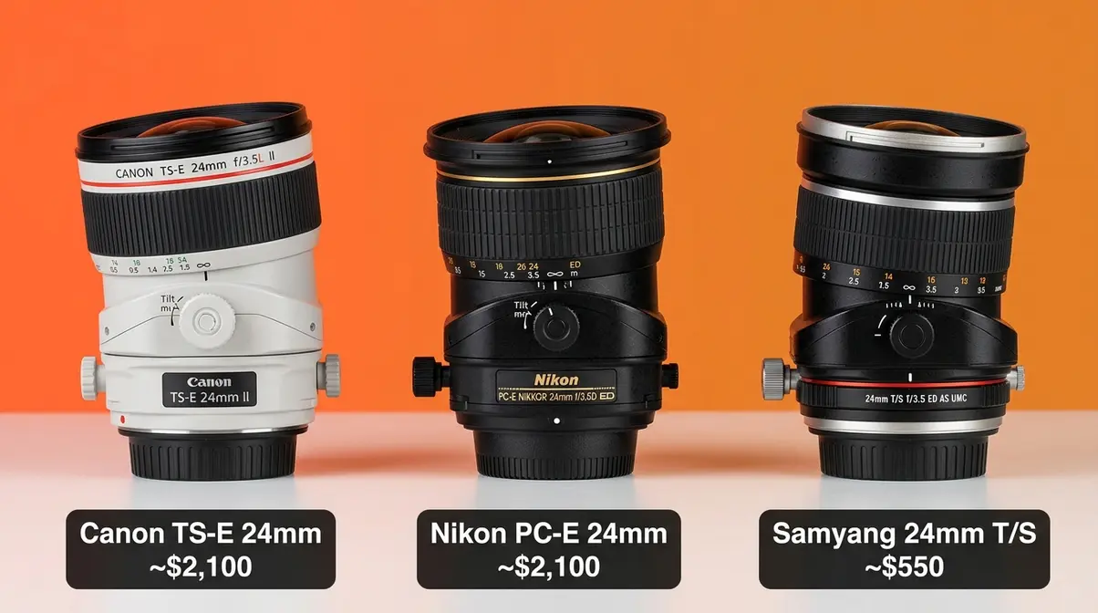 Three tilt-shift lenses side by side showing Canon TS-E, Nikon PC-E, and Samyang budget options for photographers