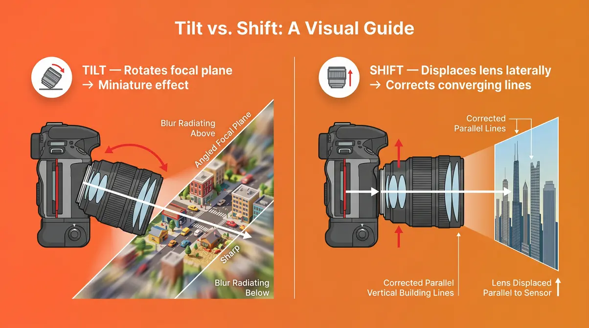 Tilt-shift photography diagram showing lens tilt creating miniature effect and lens shift correcting perspective distortion