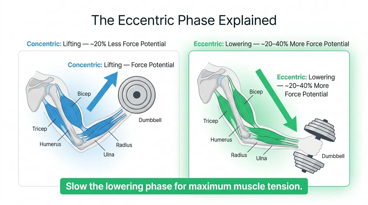 Eccentric phase diagram showing greater force production during the lowering phase of a bicep curl for time under tension training