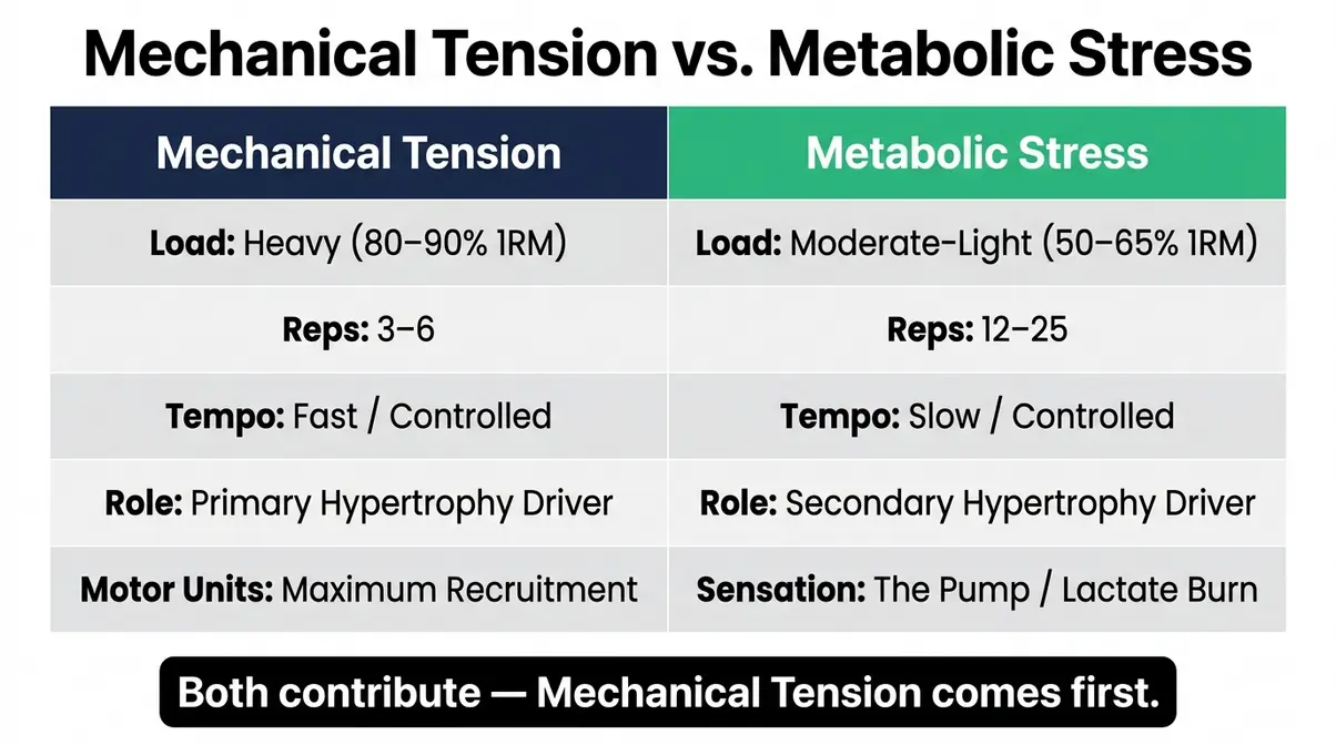 Mechanical tension versus metabolic stress comparison chart showing differences in load, rep range, tempo, and role in muscle growth