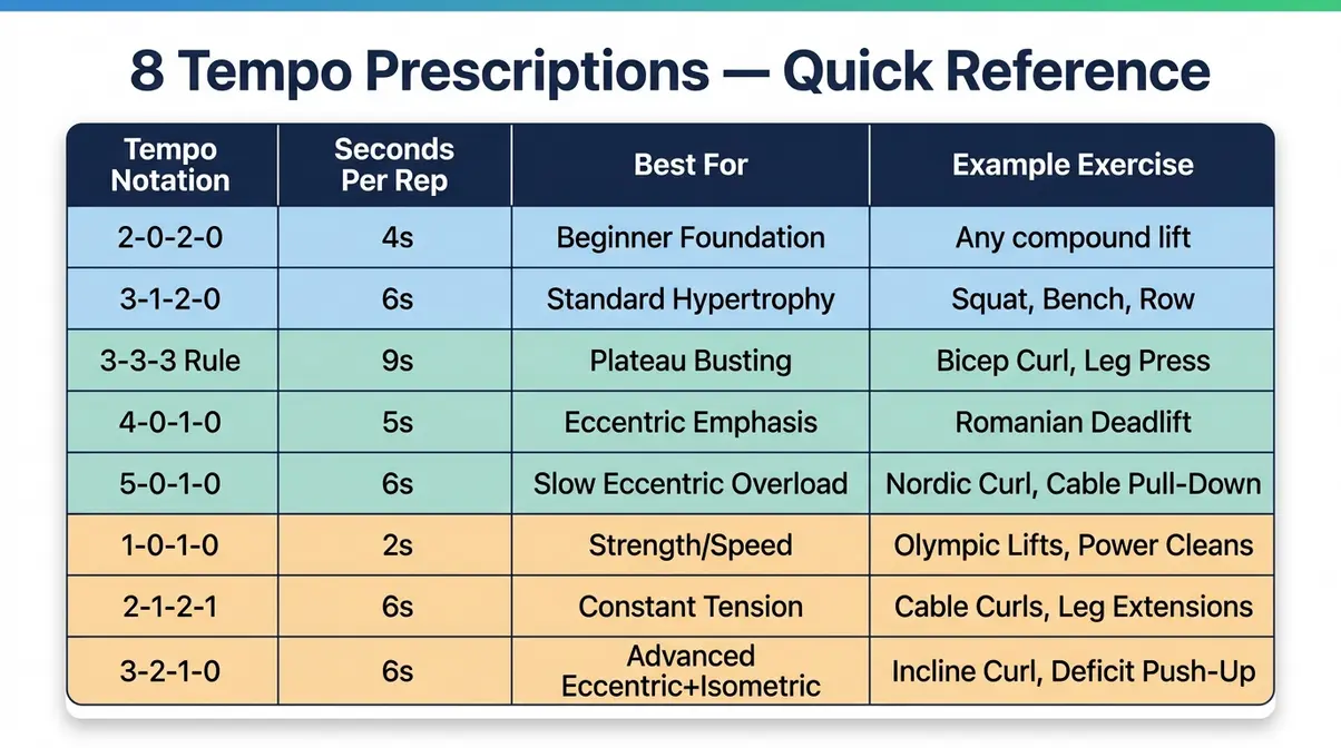 Time under tension tempo prescription cheat sheet showing 8 rep tempo protocols for muscle growth