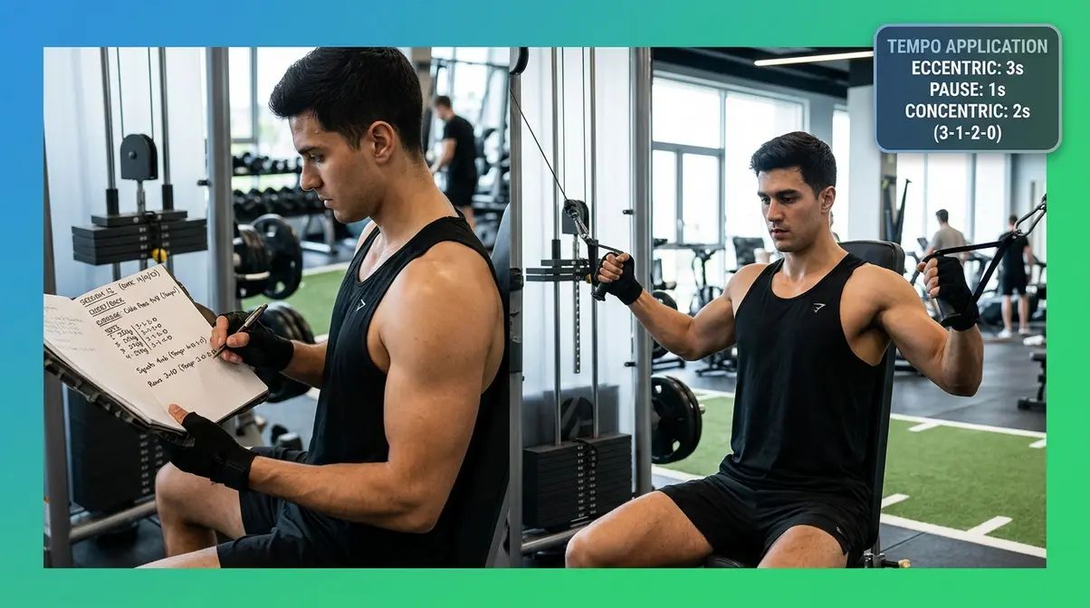 Athlete applying time under tension tempo prescriptions during workout with notation labels on training log
