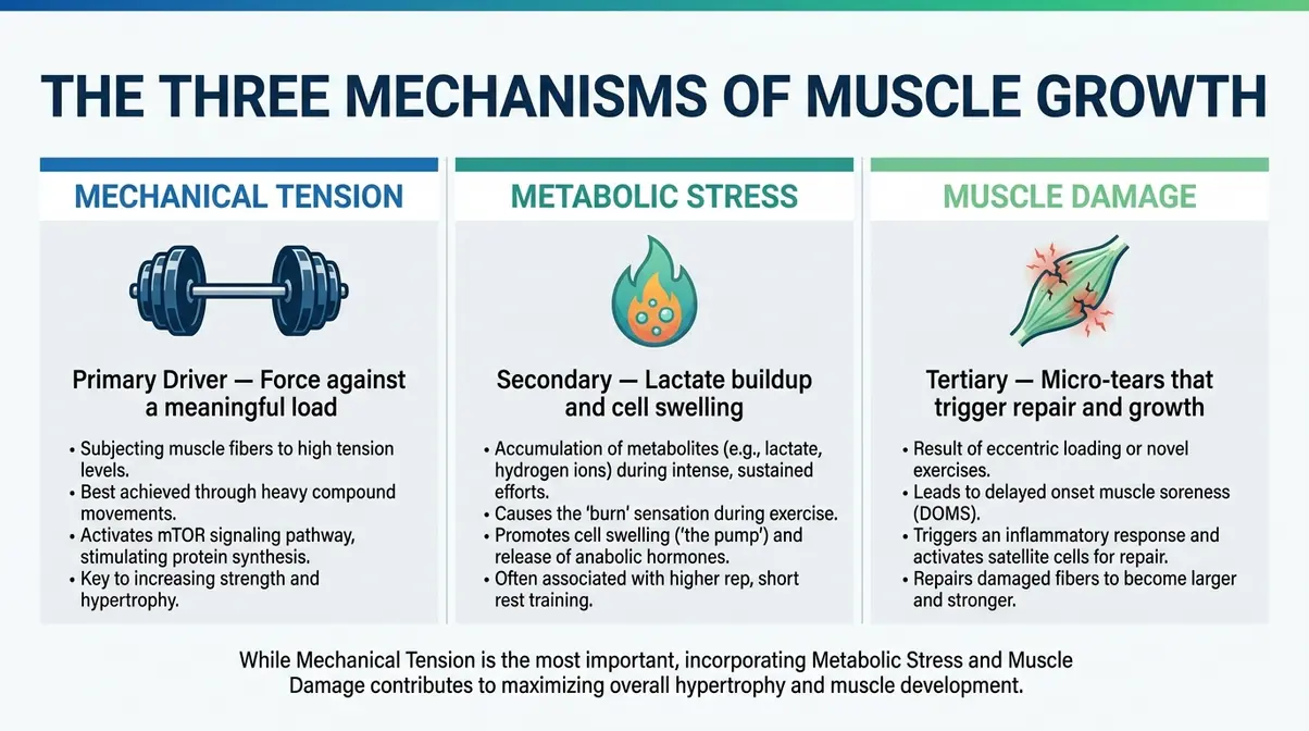 Three mechanisms of muscle growth diagram showing mechanical tension, metabolic stress, and muscle damage for hypertrophy