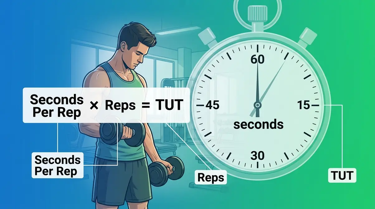 Time under tension definition showing stopwatch and bicep curl rep formula for muscle training