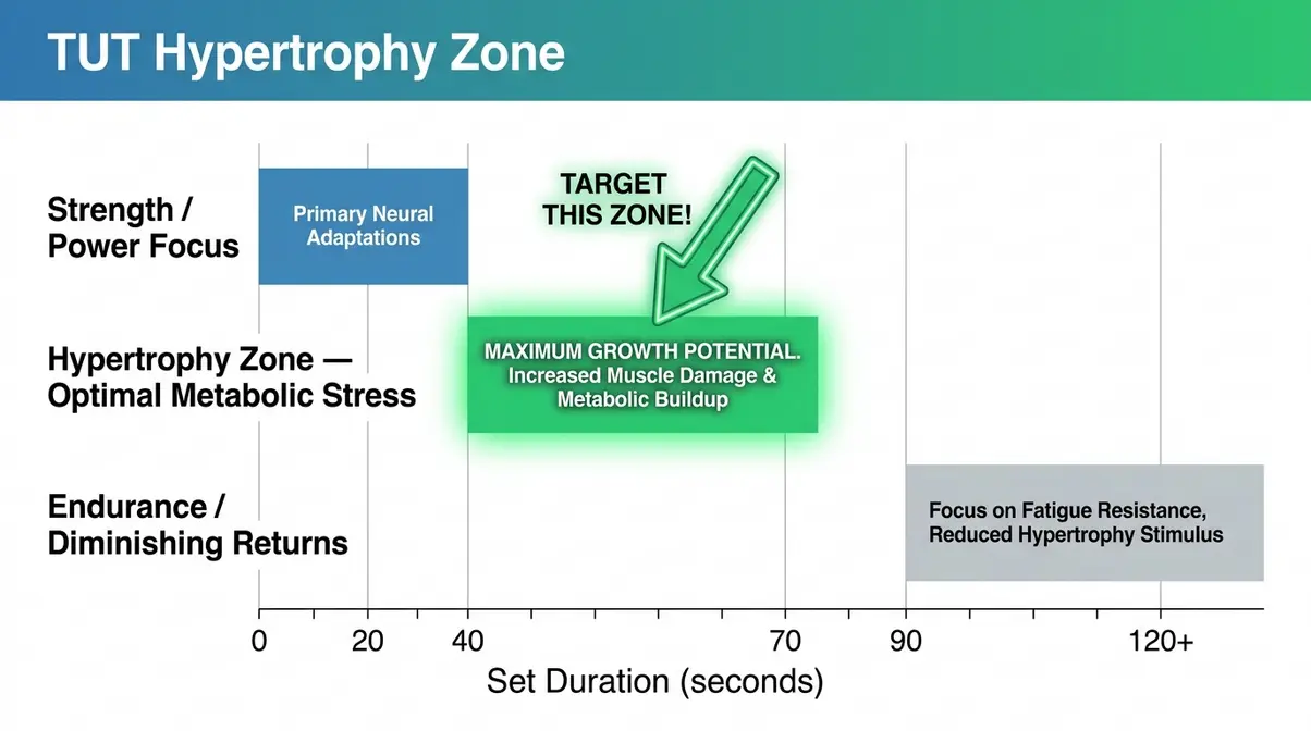 Time under tension hypertrophy zone chart showing optimal 40-70 second set duration for muscle growth