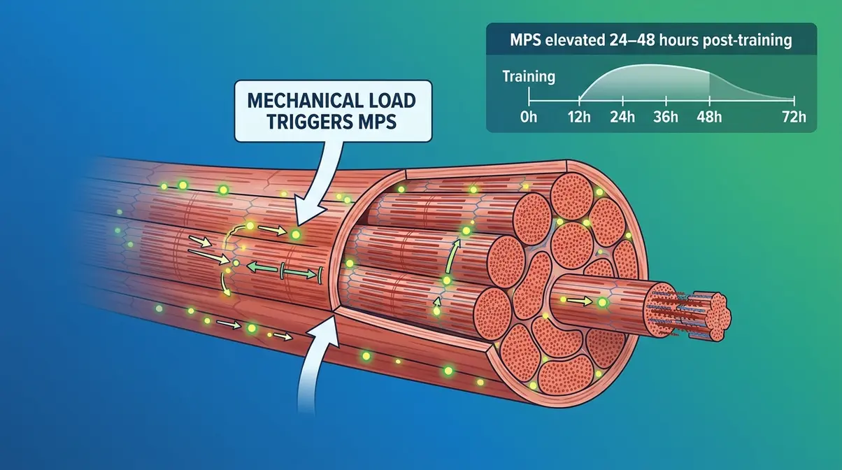 Muscle protein synthesis diagram showing how time under tension and mechanical load trigger muscle growth