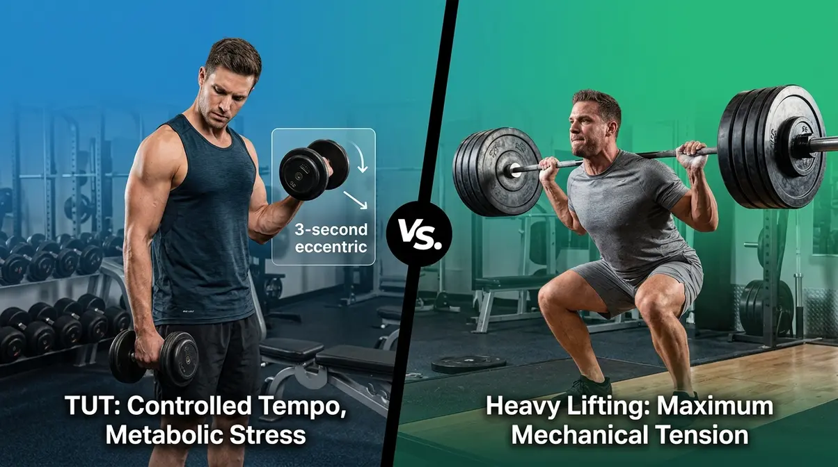 Time under tension versus heavy lifting comparison showing controlled tempo training against maximum mechanical load