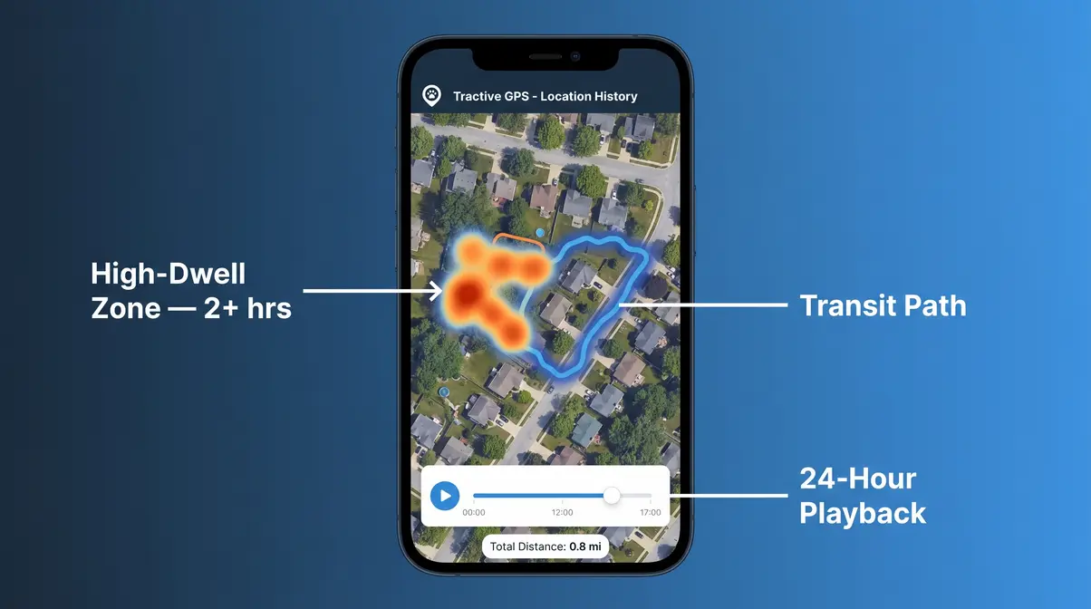 Tractive GPS cat tracker app showing color-coded 24-hour location history heat map and breadcrumb trail