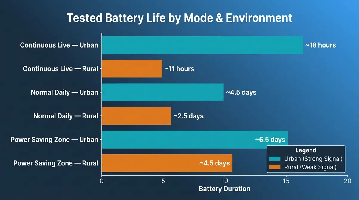 Tractive GPS cat tracker battery life comparison chart across six modes and urban versus rural environments