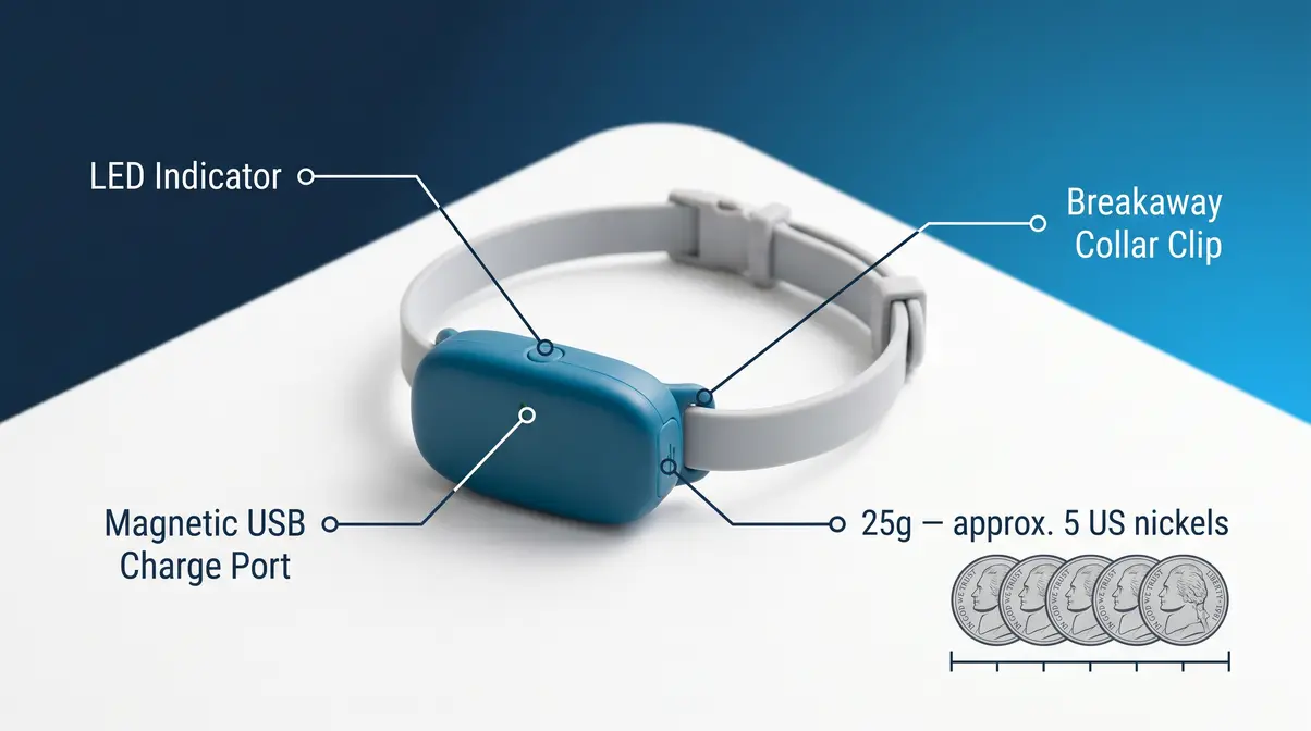 Tractive CAT Mini GPS tracker annotated diagram showing collar attachment clip and charging port