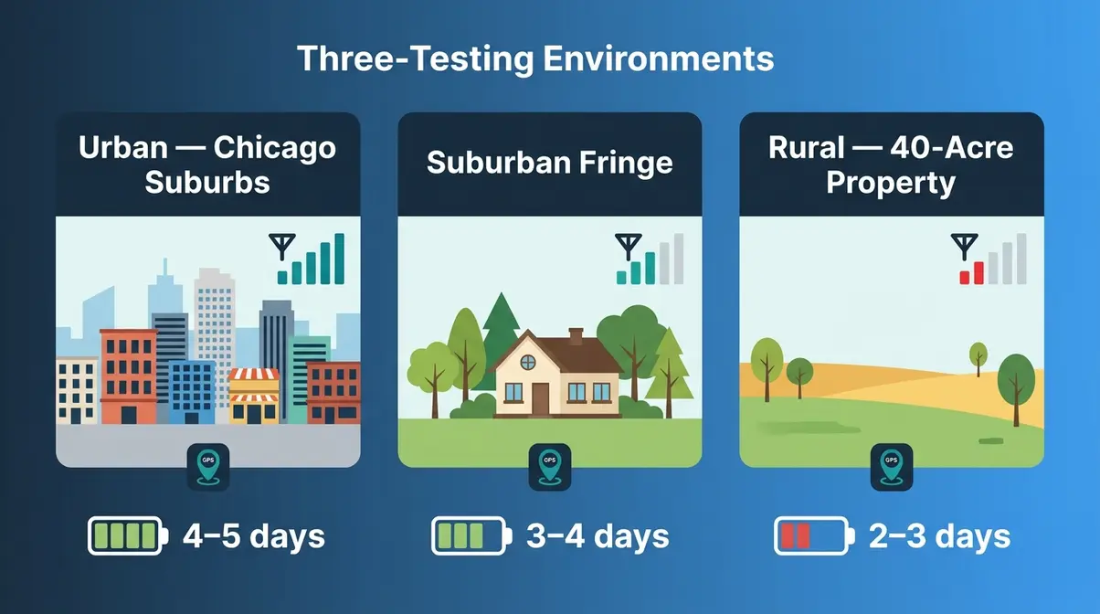 Tractive GPS tracker testing environments showing urban suburban and rural signal conditions and battery life