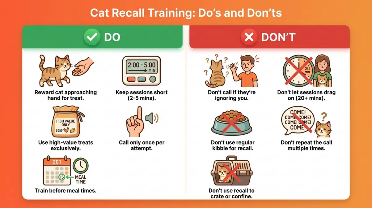 Illustrated guide showing dos and don'ts of how to train a cat to come when called