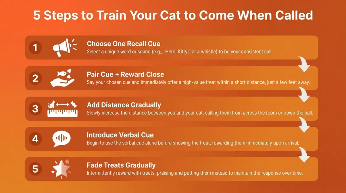 Step-by-step infographic showing five steps to train a cat to come when called using positive reinforcement