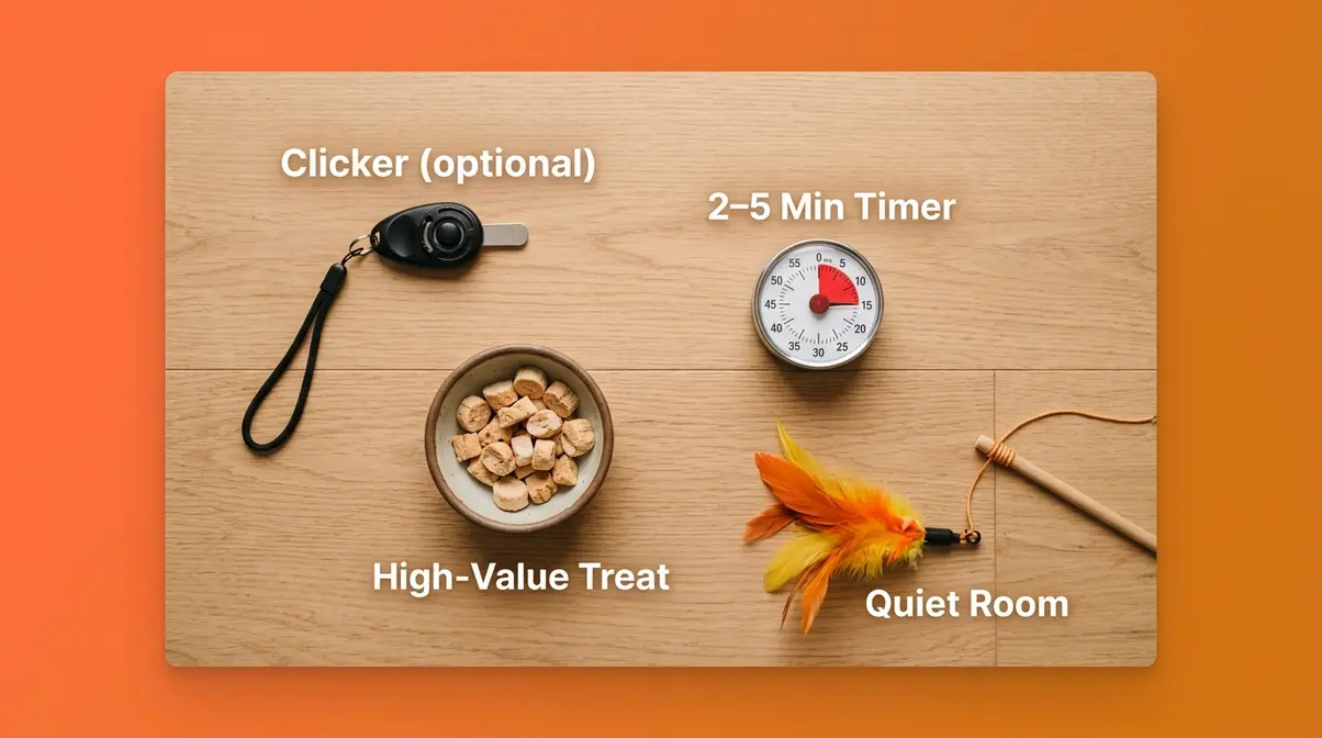 Cat recall training session setup showing clicker, high-value treats, and timer on hardwood floor