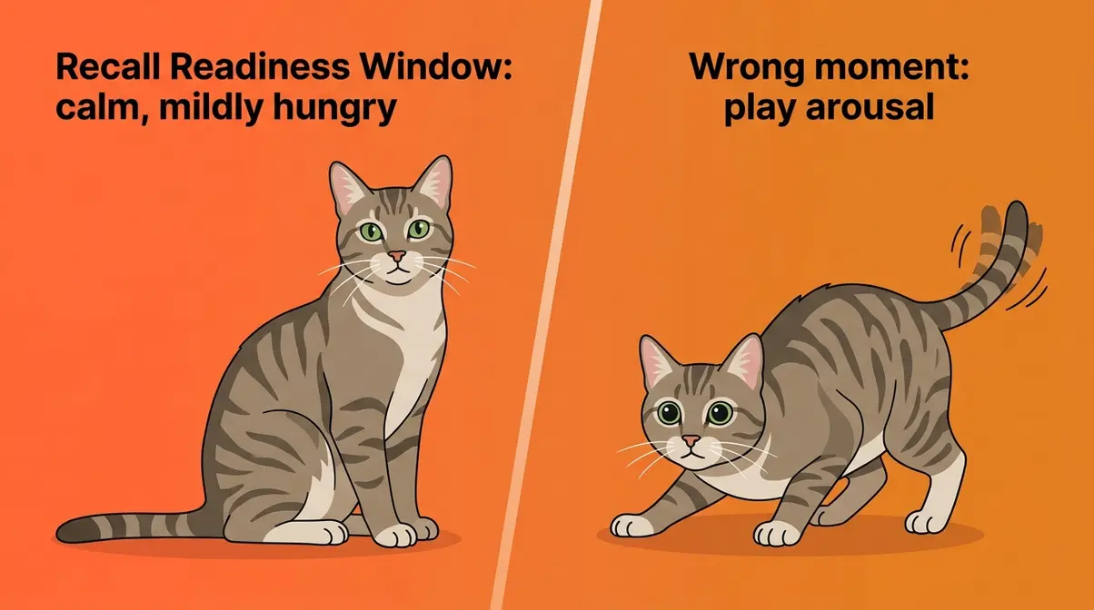 Illustration comparing a cat in the Recall Readiness Window versus a cat in play arousal state