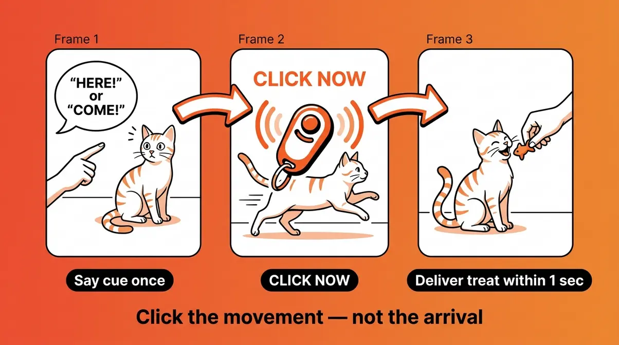 Illustrated sequence showing the correct moment to click during cat recall training as the cat begins moving