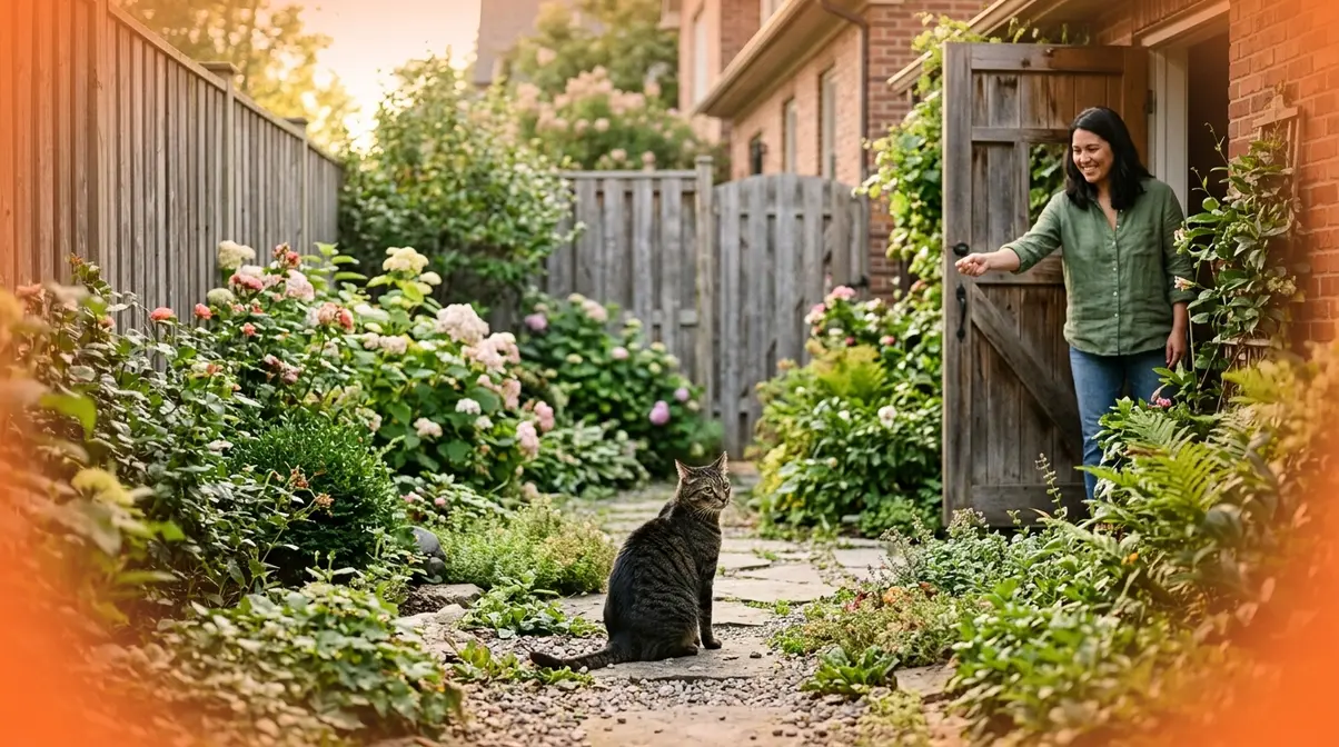 Cat in enclosed garden yard responding to owner's outdoor recall cue with treat reward