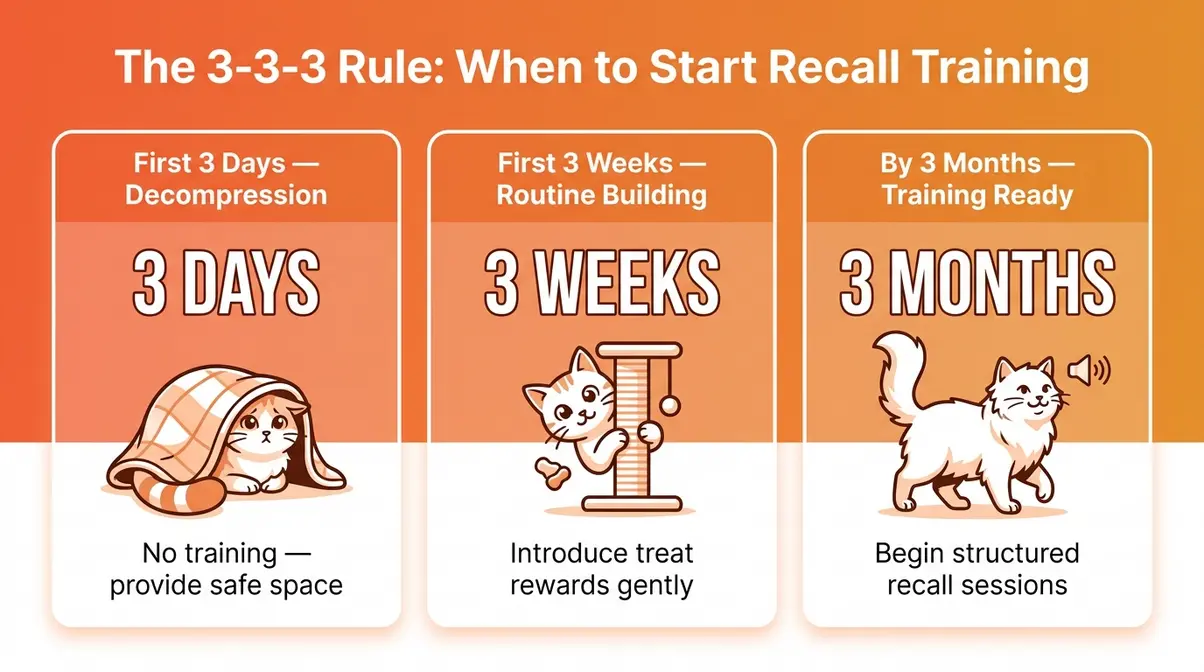 Infographic showing the 3-3-3 rule timeline for rescue cats and when to begin recall training