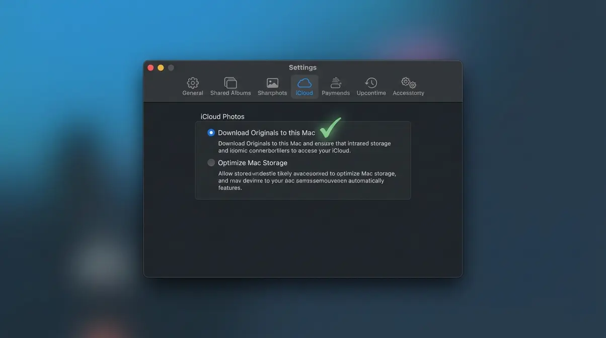 Mac Photos app Settings iCloud tab showing Download Originals to this Mac option selected