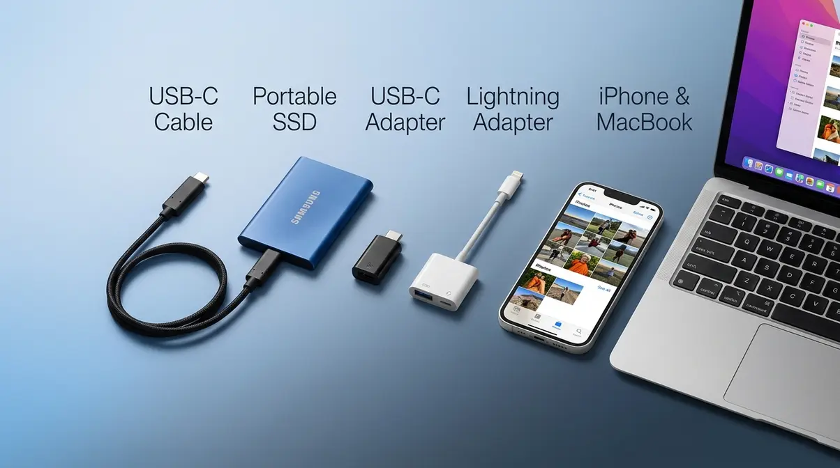 Hardware needed to transfer iCloud photos: portable SSD, USB-C cable, Lightning adapter, and iPhone on desk