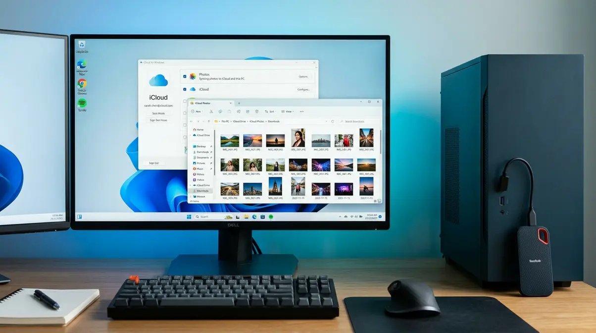Windows 11 PC with iCloud for Windows app open and File Explorer showing iCloud Photos Downloads folder