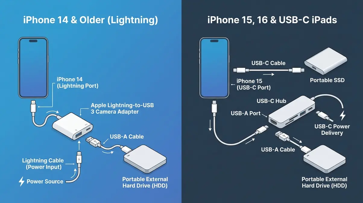 Diagram of Lightning-to-USB 3 Camera Adapter and USB-C hub connecting iPhone to external hard drive