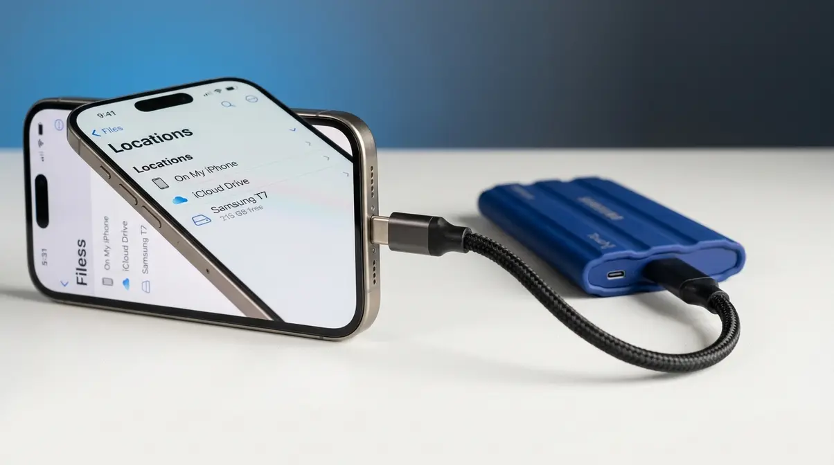 iPhone 16 connected via USB-C cable directly to portable SSD external hard drive for photo transfer