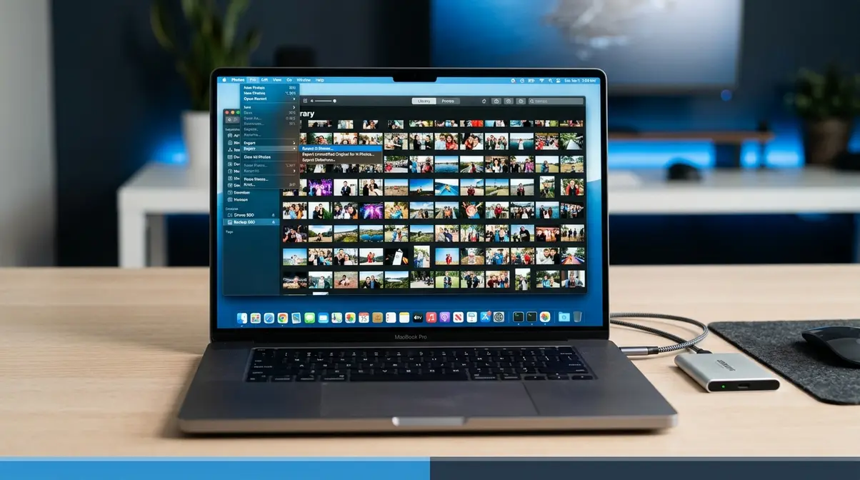 MacBook Pro with Photos app open showing photo library grid and File Export menu for transferring to external drive