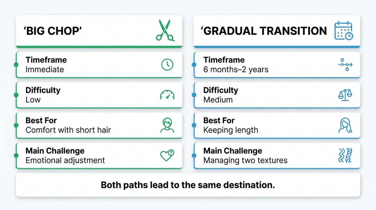 Infographic comparing big chop versus gradual transition methods for natural hair beginners