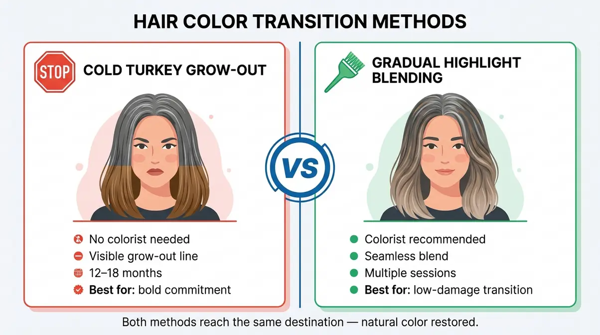 Side-by-side infographic comparing cold turkey grow-out versus gradual highlight blending for hair color transition