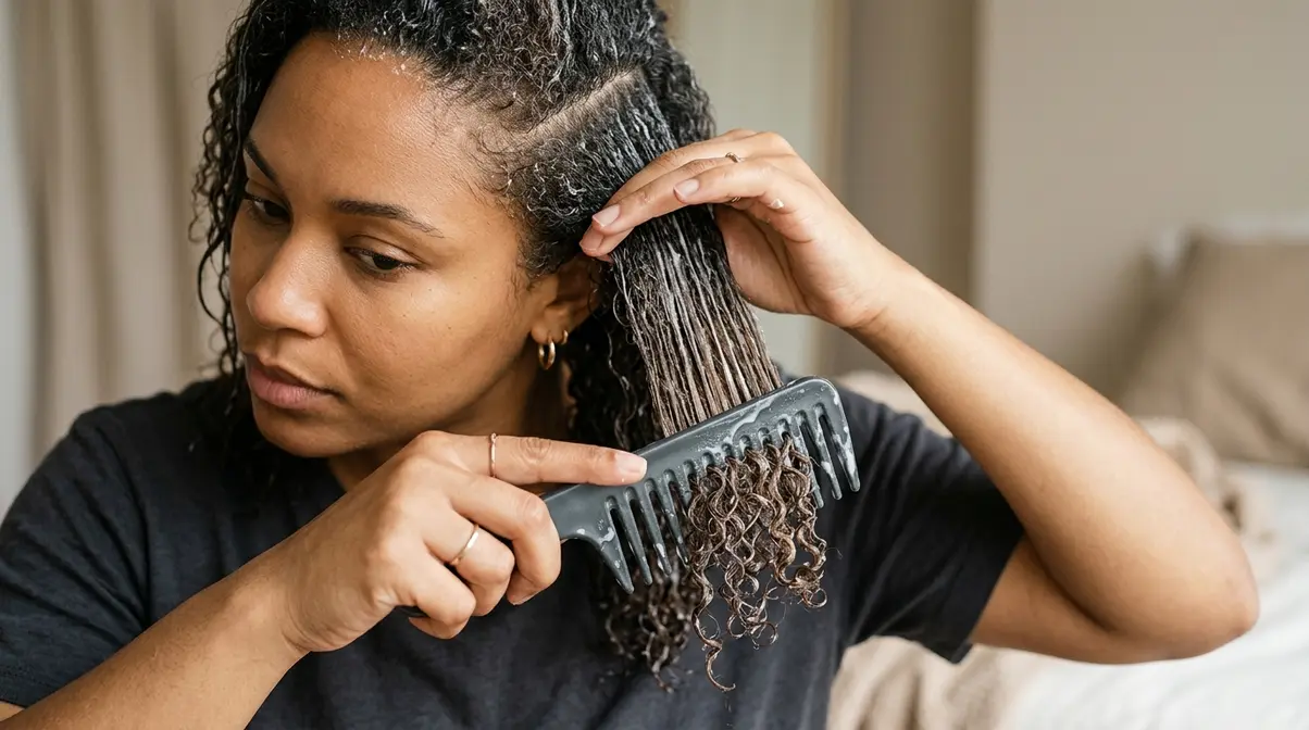Woman detangling transitioning natural hair using wide-tooth comb working from ends to roots