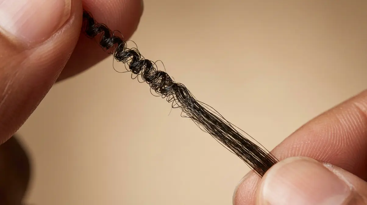 Macro photo showing line of demarcation where natural roots meet relaxed ends on transitioning hair