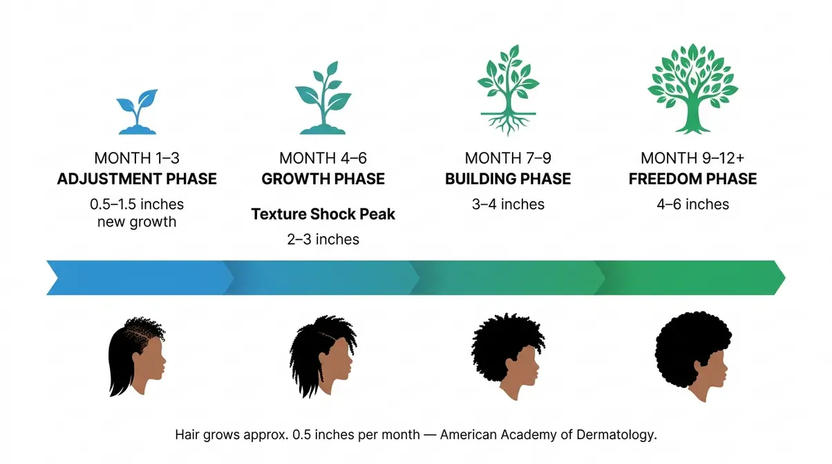 Infographic showing natural hair growth timeline month by month from relaxed to natural during transition