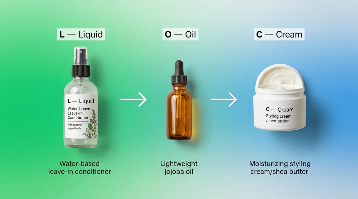LOC method product lineup for transitioning natural hair showing liquid oil and cream layering sequence