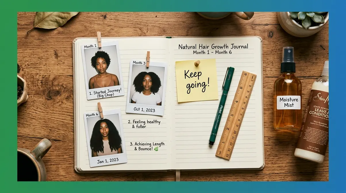 Natural hair progress journal showing monthly photos tracking growth during transitioning journey