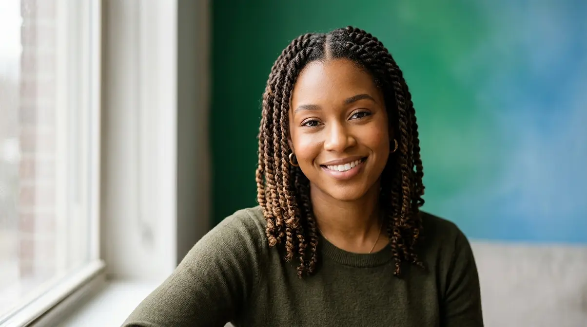 Young Black woman with transitioning natural hair styled in protective two-strand twists