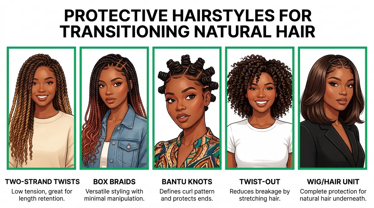 Infographic collage of five protective hairstyles for women transitioning to natural hair including twists and braids