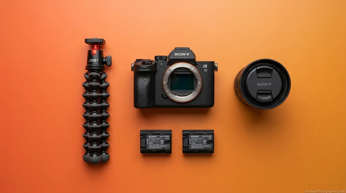 Minimalist travel photography gear setup including camera, lens, and compact tripod