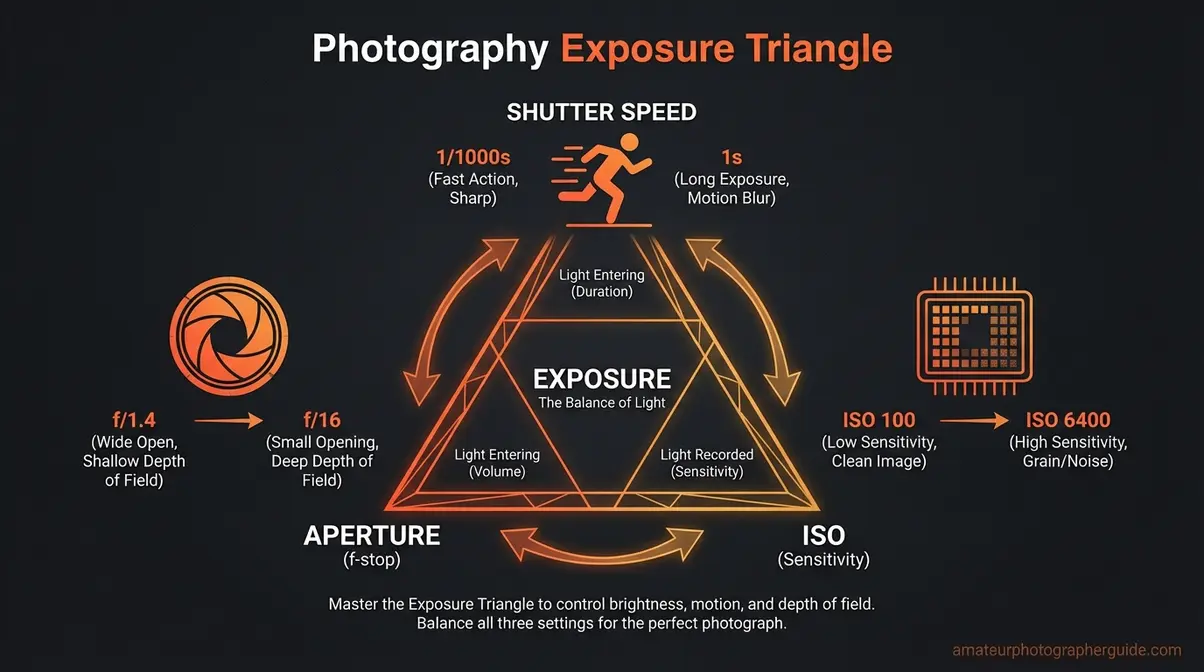 Travel photography tips exposure triangle diagram showing ISO aperture and shutter speed relationships