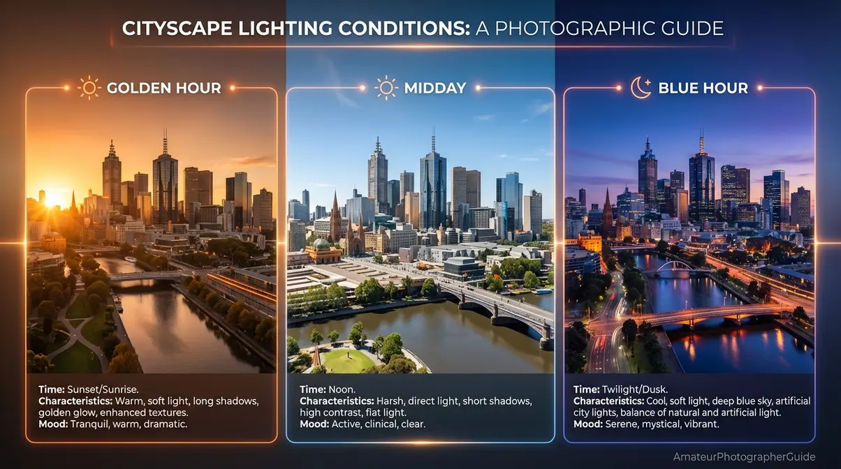 Travel photography tips comparison showing golden hour warm tones vs harsh midday light vs cool blue hour cityscape