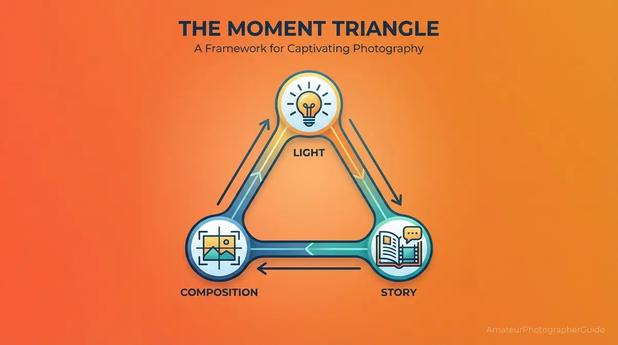 Travel photography tips diagram showing The Moment Triangle framework — right light, strong composition, authentic story