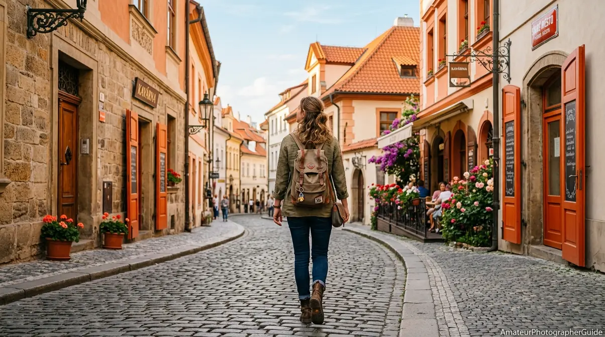 Traveler walking away from camera demonstrating natural unposed photography