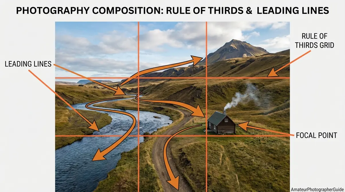 Travel photography tips composition diagram showing rule of thirds grid overlay and leading lines examples