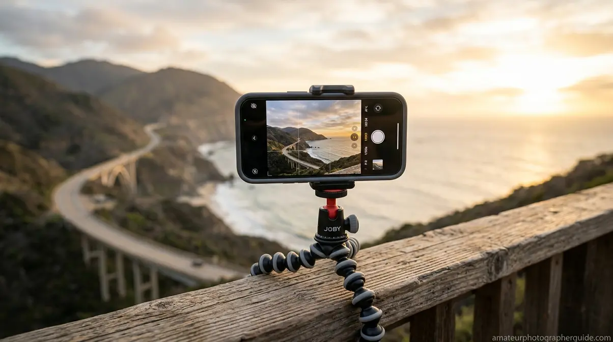 Smartphone on a tripod capturing a sunset with rule of thirds grid overlay