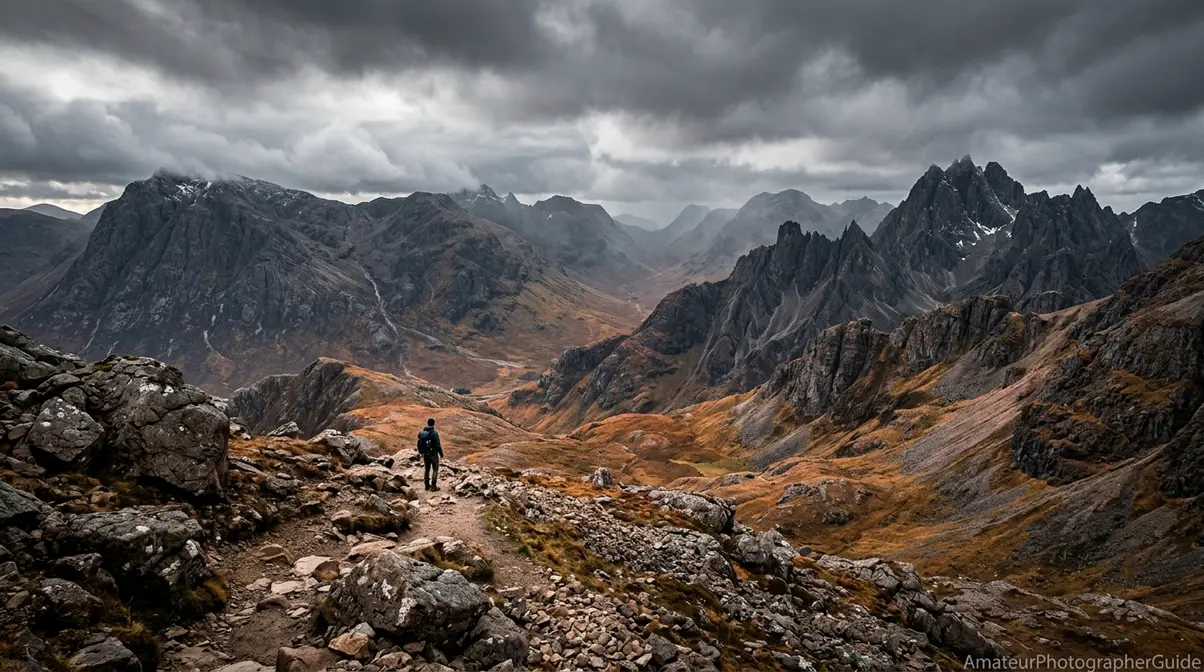 Vast mountain landscape with a small human figure showing scale