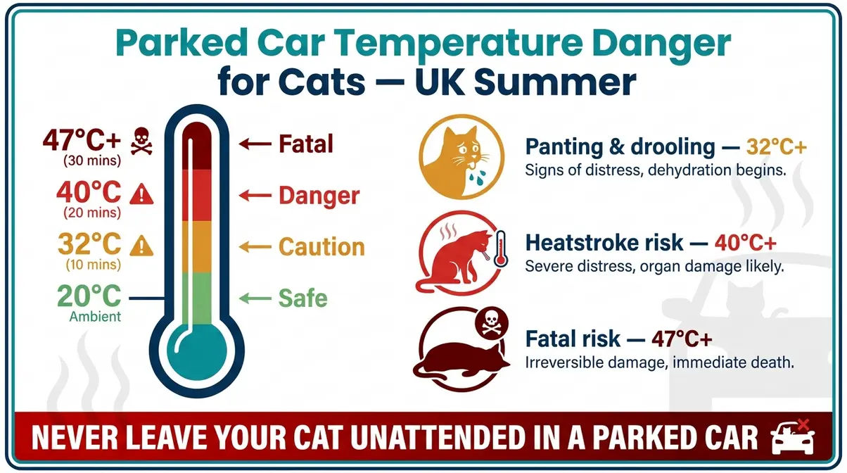 Chart showing how quickly car interior temperature rises in UK summer heat and heatstroke risk for cats