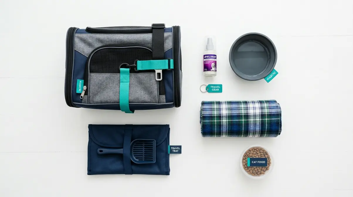 Essential cat car travel gear including carrier, portable litter tray, Feliway spray, and spill-proof water bowl