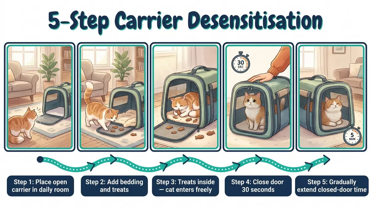 Illustrated five-step guide showing how to train a cat to tolerate a carrier using desensitisation techniques